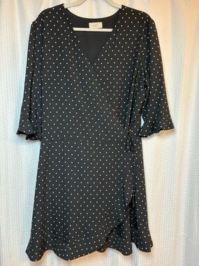 Loft Black With White Polka Dots Wrap Dress V-neck 3/4 Sleeve Size 16